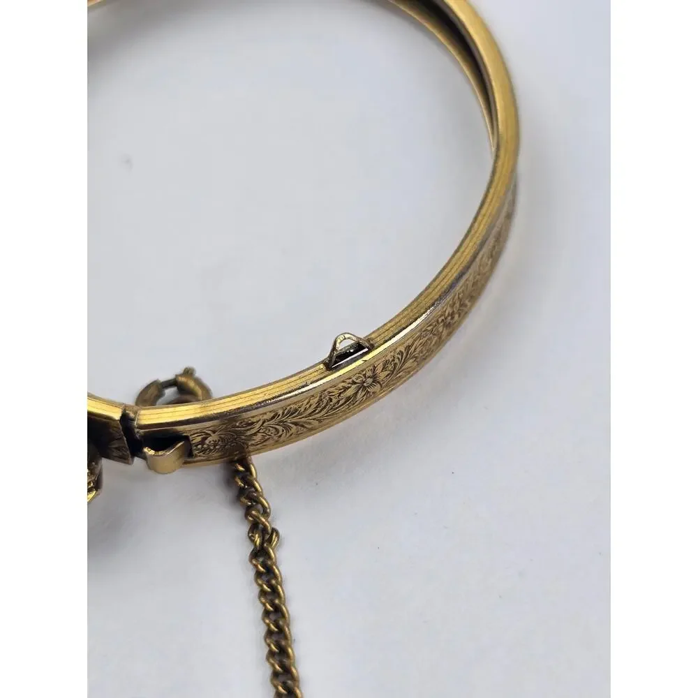 Vintage Florenza gold tone pearl clamp bracelet w/ etched design size 6.75